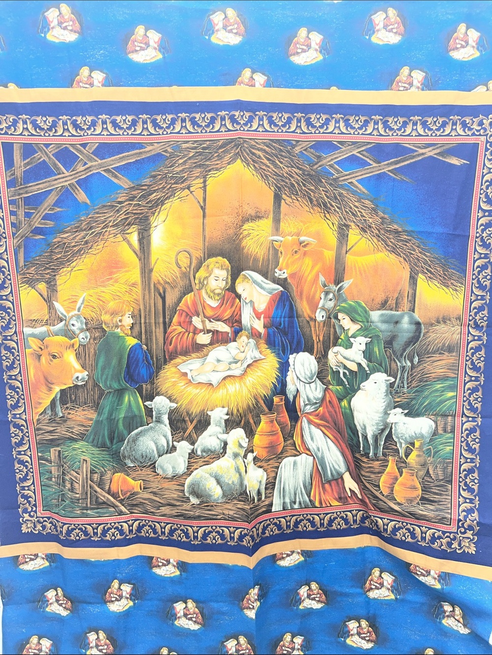 Nativity Scene Decorative Fabric Panel Blue, Gold, Cream Christmas Religious